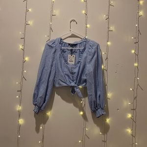 NWT Zara long sleeve blue & white crop blouse